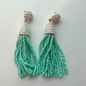 White and Teal Beaded Tassel Earrings